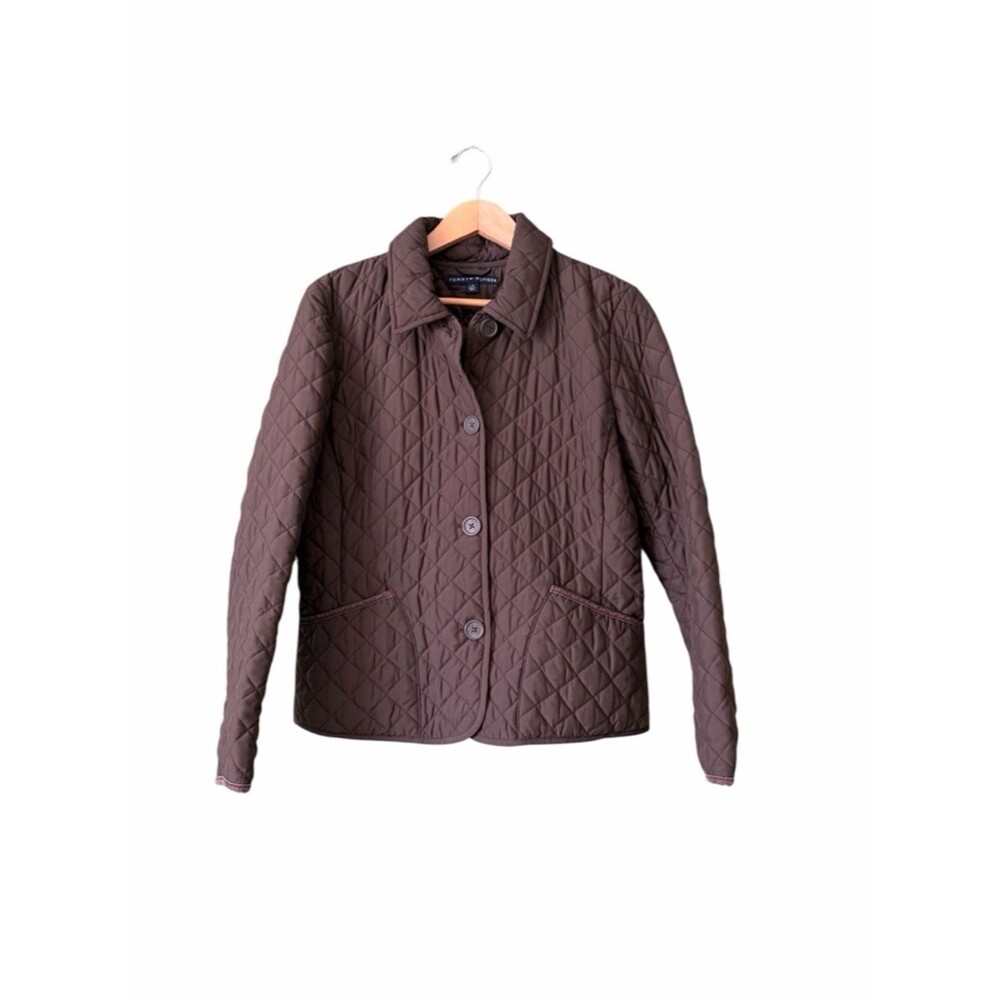 Tommy Hilfiger Quilted Brown Button-Front Corduroy Trim Jacket Sz L